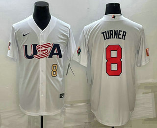 Mens USA Baseball #8 Trea Turner Number 2023 White World Baseball Classic Stitched Jerseys